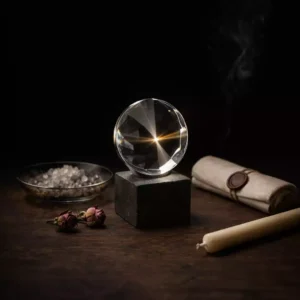 Minimalistisches Ritual-Stillleben mit klarer optischer Glaslinse auf schwarzem Steinsockel, Meersalz in geräucherter Glasschale, getrockneten Rosen, Leinen, versiegeltem Pergament und unangezündter Bienenwachskerze auf dunklem Nussbaumholz vor schwarzem Hintergrund.