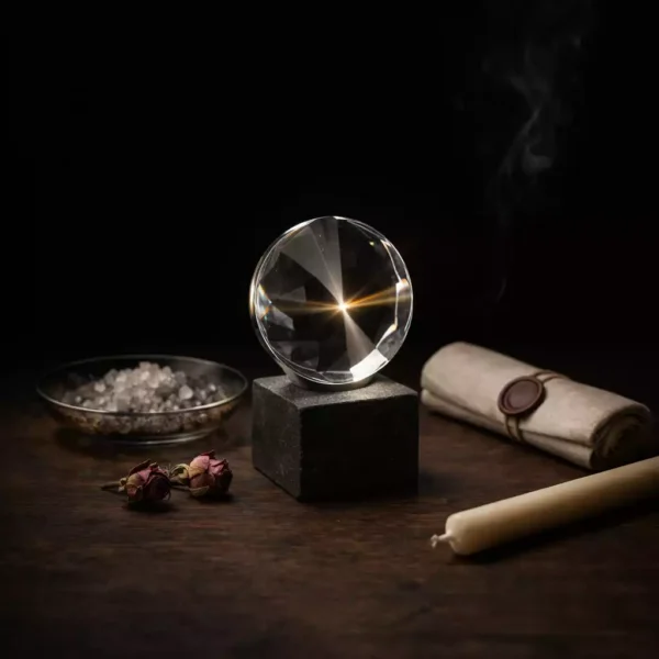 Minimalistisches Ritual-Stillleben mit klarer optischer Glaslinse auf schwarzem Steinsockel, Meersalz in geräucherter Glasschale, getrockneten Rosen, Leinen, versiegeltem Pergament und unangezündter Bienenwachskerze auf dunklem Nussbaumholz vor schwarzem Hintergrund.