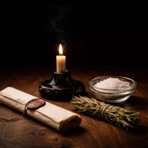 Premium Produktbild Schutzzauber Alltag und Abgrenzung von Hexarum mit schwarzer Kerze Salz und Rosmarin auf dunklem Holz