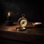 Ritual Stillleben mit Messing Kompass, schwarzer Kerze und Salzschale für Einfluss und Durchsetzung