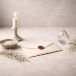 Helles Premium-Ritualbild für Zauber für Kontakt und Kommunikation mit geöffnetem Pergament, Kerze, Salz und Kristall auf heller eleganter Fläche