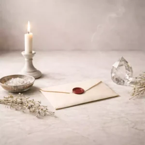 Helles Premium-Ritualbild für Zauber für Kontakt und Kommunikation mit geöffnetem Pergament, Kerze, Salz und Kristall auf heller eleganter Fläche