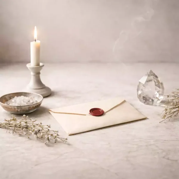 Helles Premium-Ritualbild für Zauber für Kontakt und Kommunikation mit geöffnetem Pergament, Kerze, Salz und Kristall auf heller eleganter Fläche