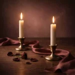 Premium-Ritualbild für Sehnsuchtszauber mit zwei eleganten Kerzen in sanfter Distanz und romantischer Spannung auf dunkler edler Fläche