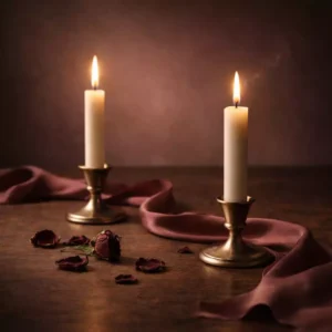 Premium-Ritualbild für Sehnsuchtszauber mit zwei eleganten Kerzen in sanfter Distanz und romantischer Spannung auf dunkler edler Fläche