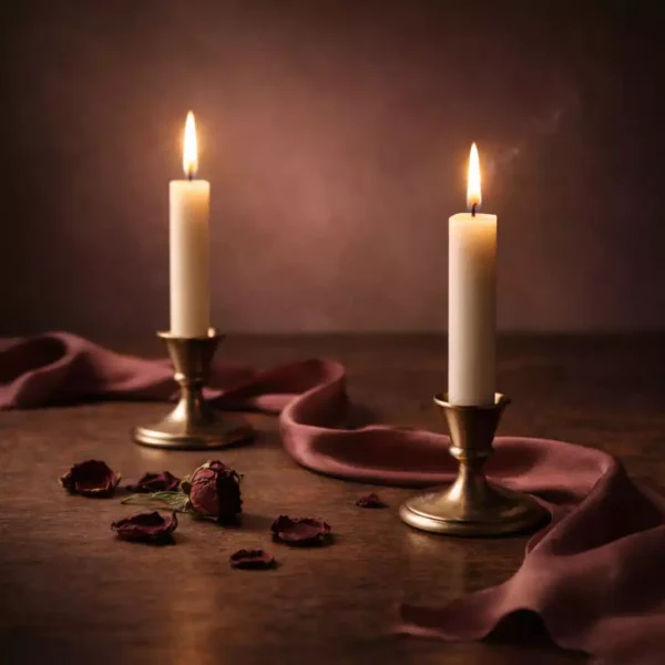 Premium-Ritualbild für Sehnsuchtszauber mit zwei eleganten Kerzen in sanfter Distanz und romantischer Spannung auf dunkler edler Fläche